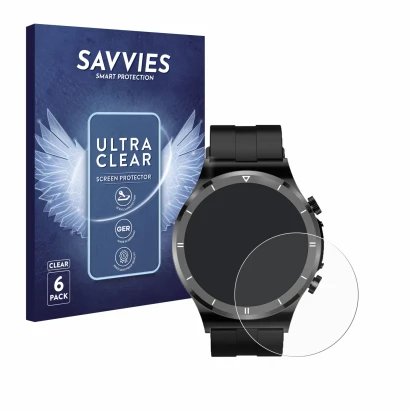 Vorderseite einer Produktverpackung mit dem Markenlogo Savvies. Daneben ist das Gerät Sanorum Smartwatch 1.39" mit dem zugehör