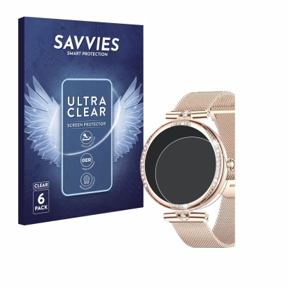 Vorderseite einer Produktverpackung mit dem Markenlogo Savvies. Daneben ist das Gerät Shepatio Smartwatch 1.19" mit dem zugehö