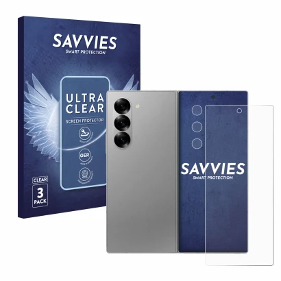 Vorderseite einer Produktverpackung mit dem Markenlogo Savvies. Daneben ist das Gerät Samsung Galaxy Z Fold 6 5G (Display+Kame