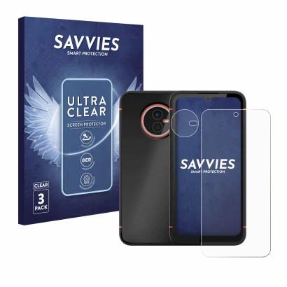 Vorderseite einer Produktverpackung mit dem Markenlogo Savvies. Daneben ist das Gerät Gigaset GX4 Pro (Display+Kamera) mit dem