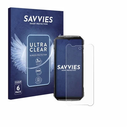 Vorderseite einer Produktverpackung mit dem Markenlogo Savvies. Daneben ist das Gerät Doogee V40 Pro mit dem zugehörigen Displ