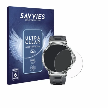 Vorderseite einer Produktverpackung mit dem Markenlogo Savvies. Daneben ist das Gerät Smartwatch V69 1.85" mit dem zugehörigen