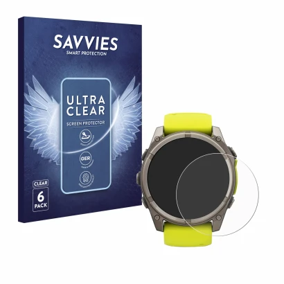 Vorderseite einer Produktverpackung mit dem Markenlogo Savvies. Daneben ist das Gerät Garmin Fenix 8 Solar (51 mm) mit dem zug