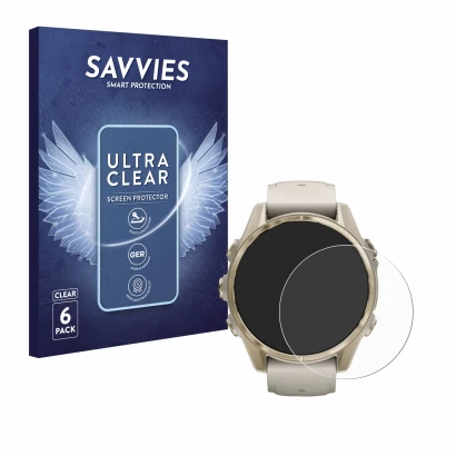 Vorderseite einer Produktverpackung mit dem Markenlogo Savvies. Daneben ist das Gerät Garmin Fenix 8 (43 mm) mit dem zugehörig