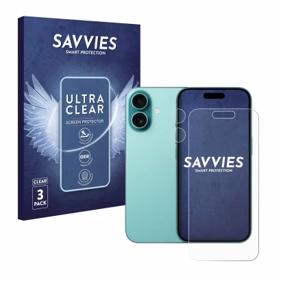 Vorderseite einer Produktverpackung mit dem Markenlogo Savvies. Daneben ist das Gerät Apple iPhone 16 (Display+Kamera) mit dem