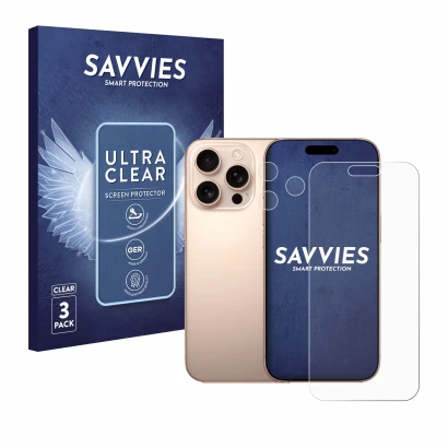 Vorderseite einer Produktverpackung mit dem Markenlogo Savvies. Daneben ist das Gerät Apple iPhone 16 Pro Max (Display+Kamera)