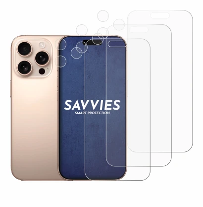 Abbildung des Geräts Apple iPhone 16 Pro Max (Display+Kamera) mit einer Vielzahl des Displayschutzes.