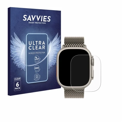 Vorderseite einer Produktverpackung mit dem Markenlogo Savvies. Daneben ist das Gerät Apple Watch Ultra 3 mit dem zugehörigen 