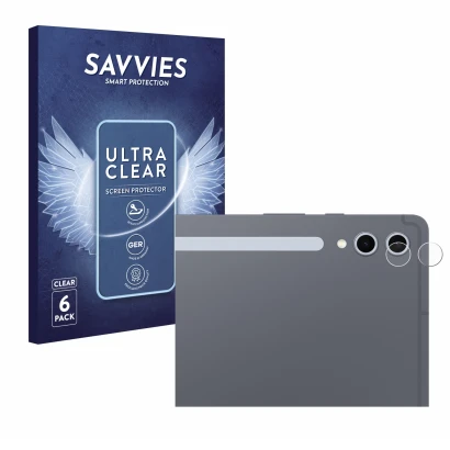 Vorderseite einer Produktverpackung mit dem Markenlogo Savvies. Daneben ist das Gerät Samsung Galaxy Tab S10 Plus 5G (NUR Kame