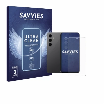 Vorderseite einer Produktverpackung mit dem Markenlogo Savvies. Daneben ist das Gerät Samsung Galaxy S24 FE (Display+Kamera) m