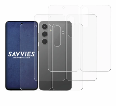 Abbildung des Geräts Samsung Galaxy S24 FE (Display+Rückseite) mit einer Vielzahl des Displayschutzes.