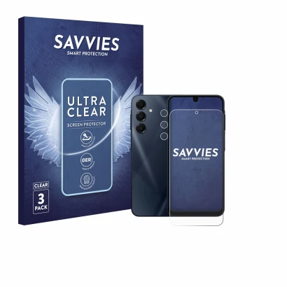 Vorderseite einer Produktverpackung mit dem Markenlogo Savvies. Daneben ist das Gerät Samsung Galaxy A16 5G (Display+Kamera) m