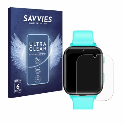 Vorderseite einer Produktverpackung mit dem Markenlogo Savvies. Daneben ist das Gerät Clleylise Kids Smartwatch 1.7" mit dem z