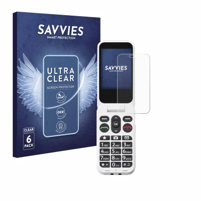 Vorderseite einer Produktverpackung mit dem Markenlogo Savvies. Daneben ist das Gerät Doro Leva L30 mit dem zugehörigen Displa