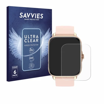 Vorderseite einer Produktverpackung mit dem Markenlogo Savvies. Daneben ist das Gerät Janolty Smartwatch 1.83" mit dem zugehör