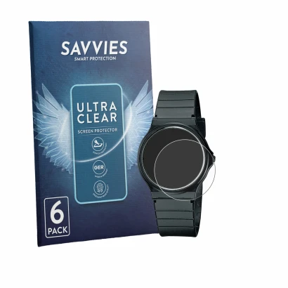 Vorderseite einer Produktverpackung mit dem Markenlogo Savvies. Daneben ist das Gerät Casio Collection MQ-24 mit dem zugehörig