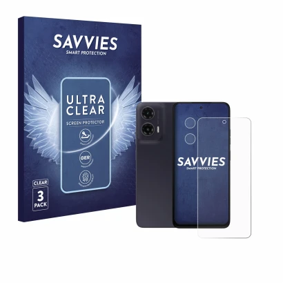 Vorderseite einer Produktverpackung mit dem Markenlogo Savvies. Daneben ist das Gerät Motorola Moto G35 (Display+Kamera) mit d