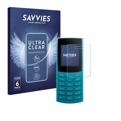 Vorderseite einer Produktverpackung mit dem Markenlogo Savvies. Daneben ist das Gerät Nokia 105 4G 2nd Edition mit dem zugehör
