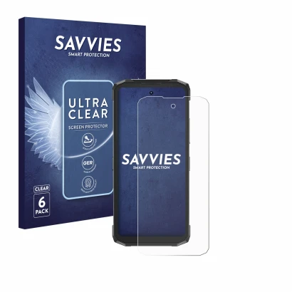 Vorderseite einer Produktverpackung mit dem Markenlogo Savvies. Daneben ist das Gerät Doogee Fire 6 Power mit dem zugehörigen 