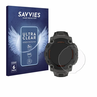Vorderseite einer Produktverpackung mit dem Markenlogo Savvies. Daneben ist das Gerät Garmin Instinct E (45 mm) mit dem zugehö