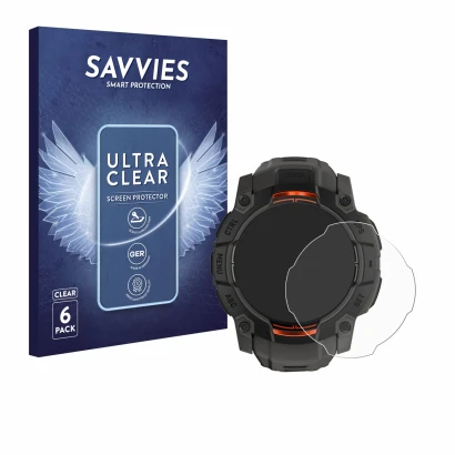Vorderseite einer Produktverpackung mit dem Markenlogo Savvies. Daneben ist das Gerät Garmin Instinct 3 Solar (50 mm) mit dem 