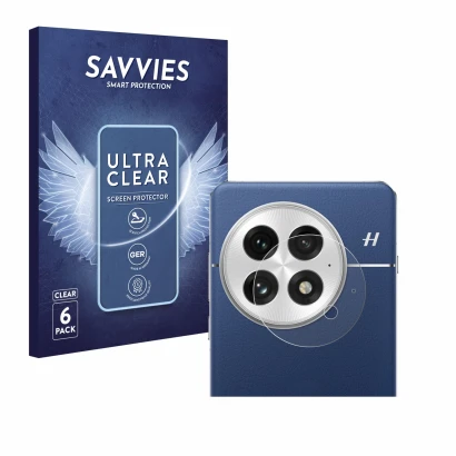 Vorderseite einer Produktverpackung mit dem Markenlogo Savvies. Daneben ist das Gerät OnePlus 13 (NUR Kameraschutz) mit dem zu