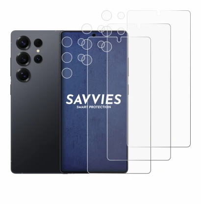 Abbildung des Geräts Samsung Galaxy S25 Ultra (Display+Kamera) mit einer Vielzahl des Displayschutzes.