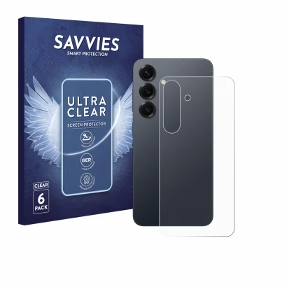 Vorderseite einer Produktverpackung mit dem Markenlogo Savvies. Daneben ist das Gerät Samsung Galaxy S25 (Rückseite) mit dem z