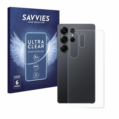 Vorderseite einer Produktverpackung mit dem Markenlogo Savvies. Daneben ist das Gerät Samsung Galaxy S25 Ultra Enterprise Edit
