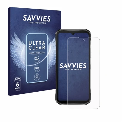 Vorderseite einer Produktverpackung mit dem Markenlogo Savvies. Daneben ist das Gerät Doogee S119 mit dem zugehörigen Displays