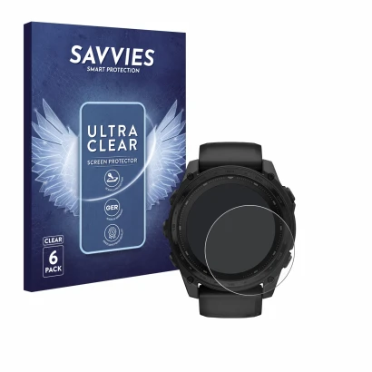 Vorderseite einer Produktverpackung mit dem Markenlogo Savvies. Daneben ist das Gerät Garmin Tactix 8 Solar (51 mm) mit dem zu