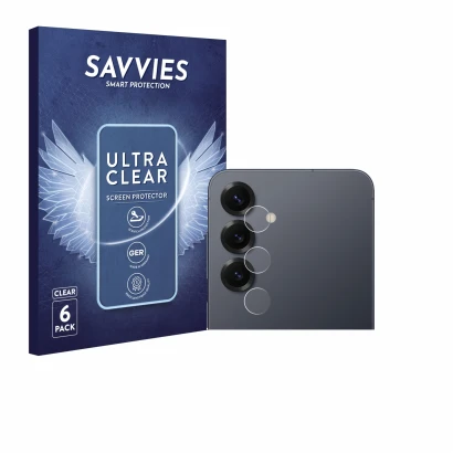 Vorderseite einer Produktverpackung mit dem Markenlogo Savvies. Daneben ist das Gerät Samsung Galaxy S25 Enterprise Edition (N