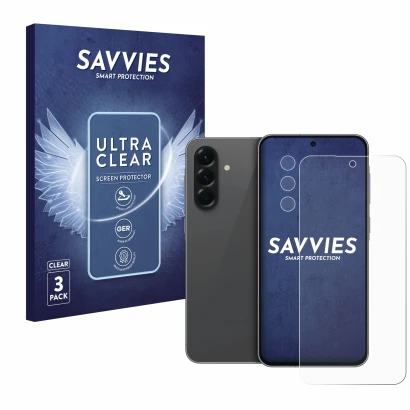 Vorderseite einer Produktverpackung mit dem Markenlogo Savvies. Daneben ist das Gerät Samsung Galaxy A56 5G (Display+Kamera) m