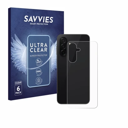 Vorderseite einer Produktverpackung mit dem Markenlogo Savvies. Daneben ist das Gerät Samsung Galaxy A26 5G (Rückseite) mit de