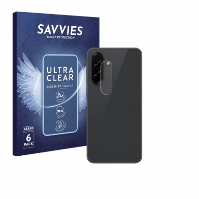 Vorderseite einer Produktverpackung mit dem Markenlogo Savvies. Daneben ist das Gerät Samsung Galaxy A36 5G (NUR Kameraschutz)