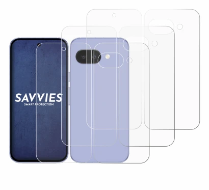 Abbildung des Geräts Google Pixel 9a (Display+Rückseite) mit einer Vielzahl des Displayschutzes.