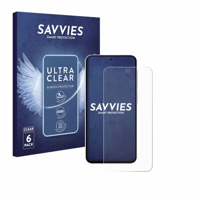 Vorderseite einer Produktverpackung mit dem Markenlogo Savvies. Daneben ist das Gerät Samsung Galaxy A56 5G Enterprise Edition