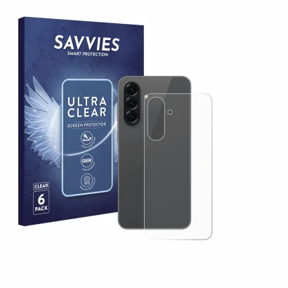 Vorderseite einer Produktverpackung mit dem Markenlogo Savvies. Daneben ist das Gerät Samsung Galaxy A56 5G Enterprise Edition