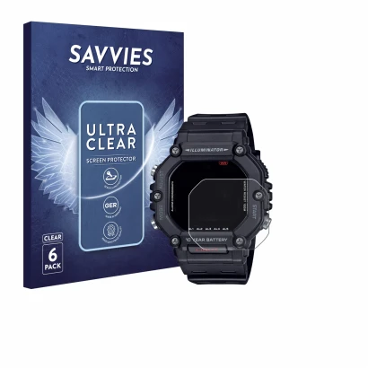 Vorderseite einer Produktverpackung mit dem Markenlogo Savvies. Daneben ist das Gerät Casio AE-1600H mit dem zugehörigen Displ