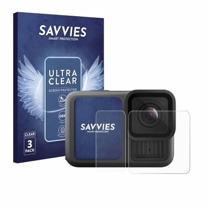 Vorderseite einer Produktverpackung mit dem Markenlogo Savvies. Daneben ist das Gerät GoPro Hero 13 Black Ultra Wide Edition m