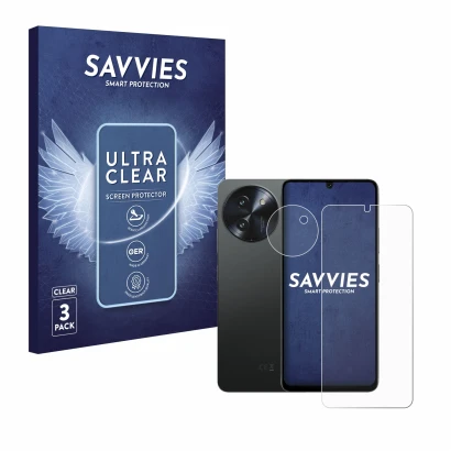 Vorderseite einer Produktverpackung mit dem Markenlogo Savvies. Daneben ist das Gerät Doogee Note 59 Pro Plus (Display+Kamera)