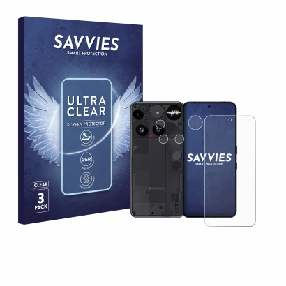 Vorderseite einer Produktverpackung mit dem Markenlogo Savvies. Daneben ist das Gerät Nothing Phone (3) (Display+Kamera) mit d