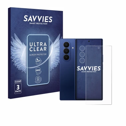 Vorderseite einer Produktverpackung mit dem Markenlogo Savvies. Daneben ist das Gerät Samsung Galaxy Z Fold 7 (Display+Kamera)
