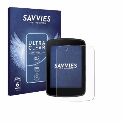 Vorderseite einer Produktverpackung mit dem Markenlogo Savvies. Daneben ist das Gerät Bryton Rider 650 mit dem zugehörigen Dis