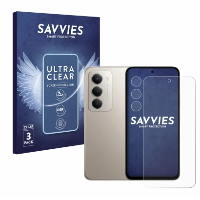 Vorderseite einer Produktverpackung mit dem Markenlogo Savvies. Daneben ist das Gerät Xiaomi Redmi 15 (Display+Kamera) mit dem