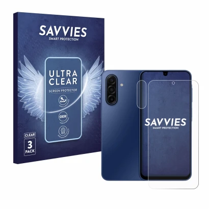Vorderseite einer Produktverpackung mit dem Markenlogo Savvies. Daneben ist das Gerät Samsung Galaxy A17 4G (Display+Kamera) m