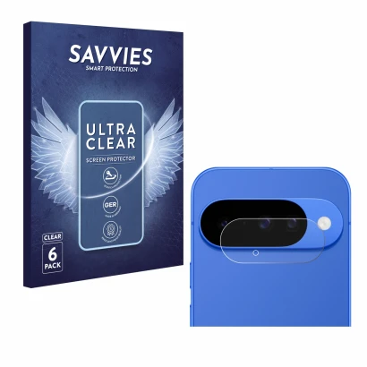 Vorderseite einer Produktverpackung mit dem Markenlogo Savvies. Daneben ist das Gerät Google Pixel 10 (NUR Kameraschutz) mit d