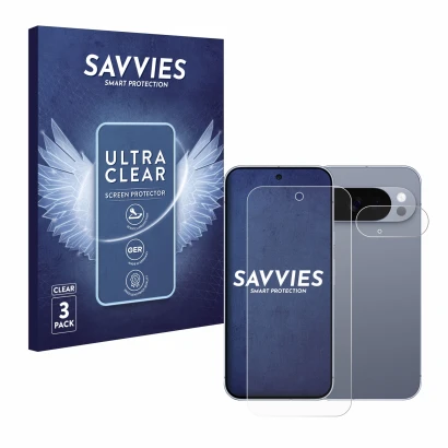 Vorderseite einer Produktverpackung mit dem Markenlogo Savvies. Daneben ist das Gerät Google Pixel 10 Pro (Display+Kamera) mit