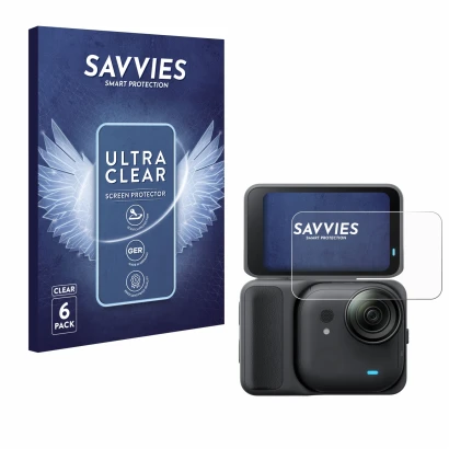 Vorderseite einer Produktverpackung mit dem Markenlogo Savvies. Daneben ist das Gerät Insta360 Go Ultra mit dem zugehörigen Di