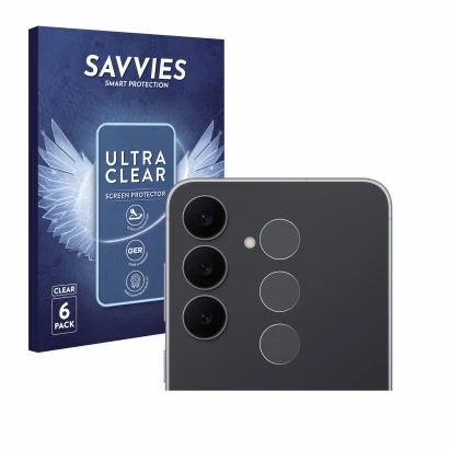 Vorderseite einer Produktverpackung mit dem Markenlogo Savvies. Daneben ist das Gerät Samsung Galaxy S25 FE (NUR Kameraschutz)